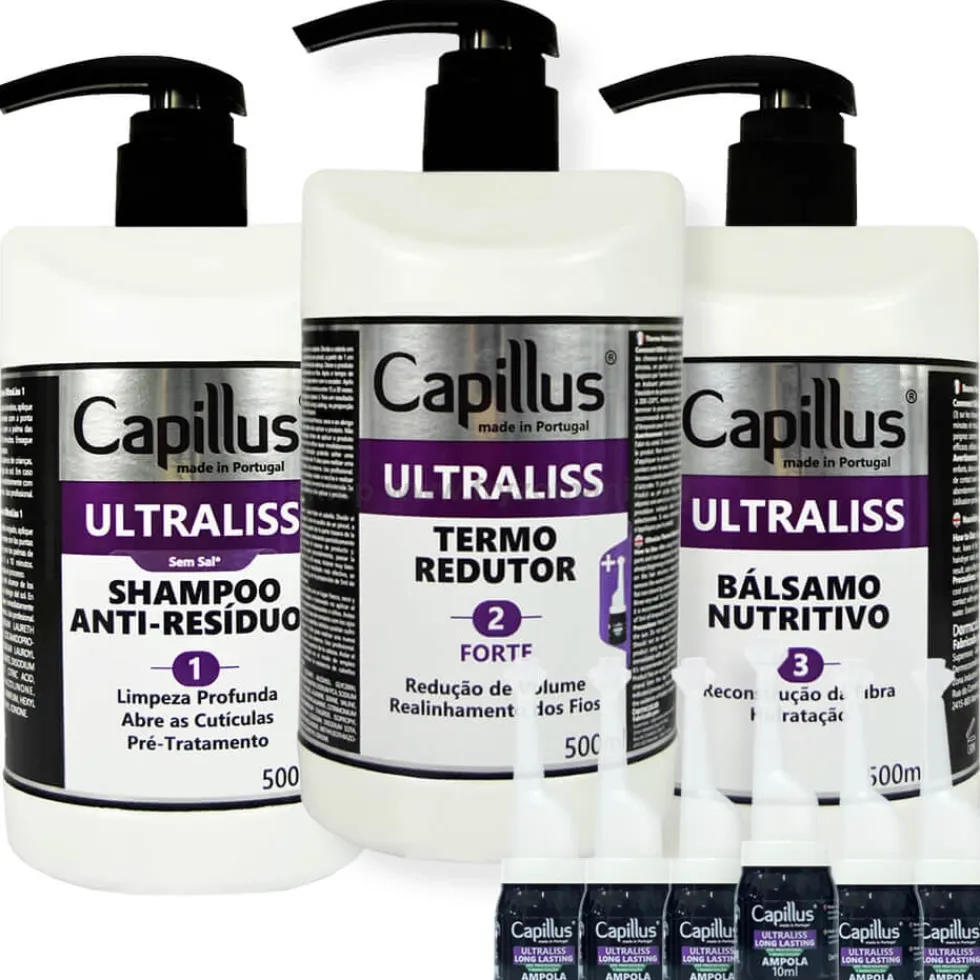 Capillus Ultraliss Forte Nanoplastia włosów - zestaw do nanoplastii szampon, serum i balsam 3x500ml + ampułki z kwasem hialuronowym 6x10ml