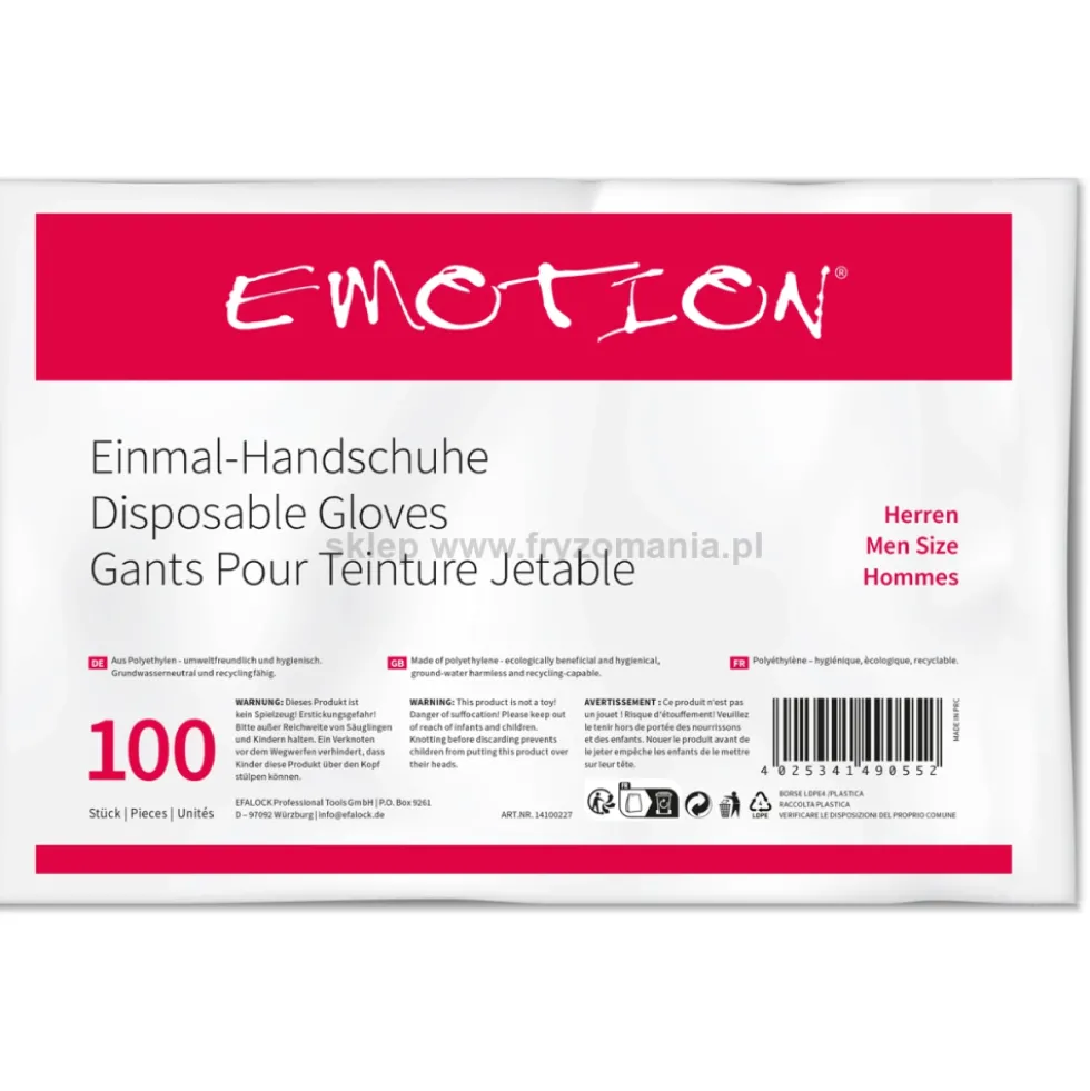 Efalock Professional Emotion Rękawiczki jednorazowe foliowe, S, M, L, 100szt.