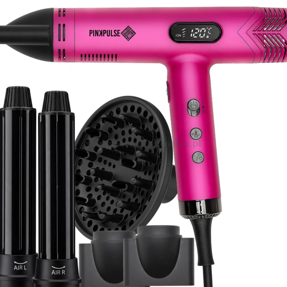 Efalock Professional Fantasya Pink Pulse Lekka suszarka 350g, z nakładkami do loków Aircurl, dyfuzorem i koncentratorami, z jonizacją 1800W (Limited Edition)