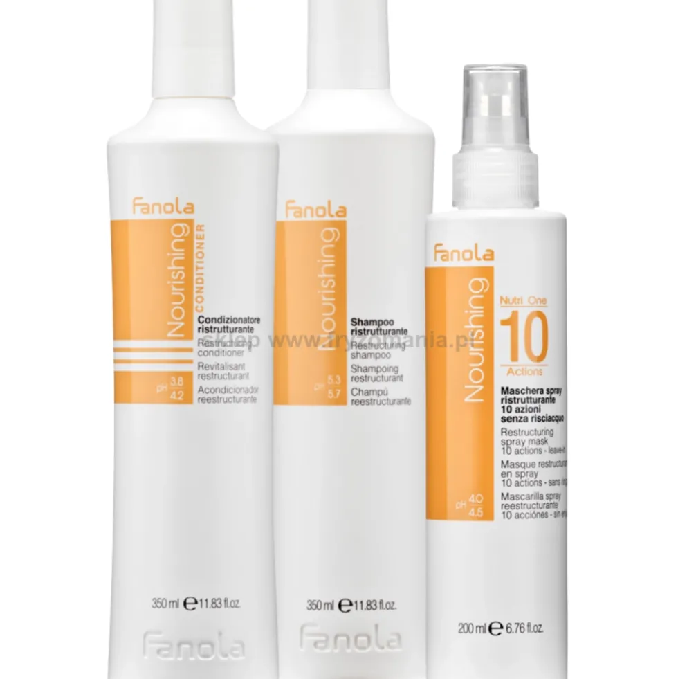 Fanola Nourishing - zestaw do włosów suchych szampon, odżywka 2x350ml i maska w sprayu 200ml