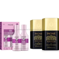 Inoar Moroccan, Pos Progress Duo, zestaw do keratynowego prostowania włosów, keratyna 250ml, odżywka 250ml i 2x szampon 250ml