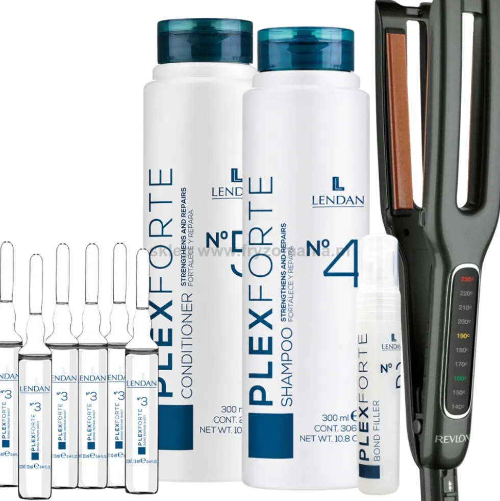 Lendan PlexForte 2/3/4/5 - zestaw do włosów zniszczonych szampon, odżywka 2x300ml, kuracja 15ml i ampułki + Prostownica za 49zł!