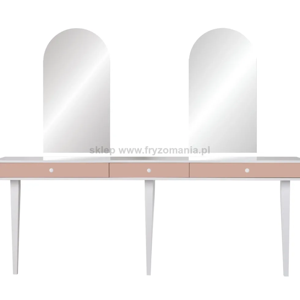 Mila Linea A II konsoleta fryzjerska dwustanowiskowa z łukowymi lustrami, płyta laminowana
