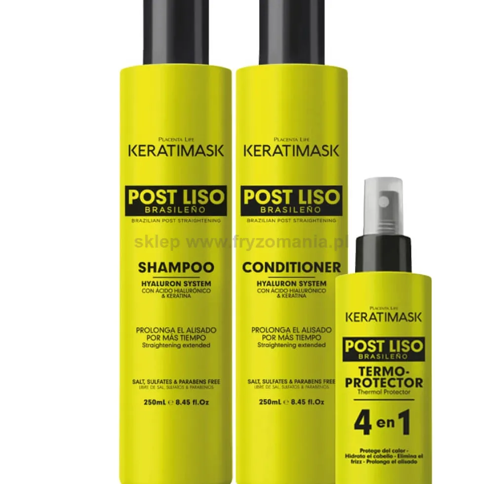 Placenta Life Keratimask Post Liso zestaw po keratynowym prostowaniu włosów, szampon + odżywka 2x250ml + spray 50ml