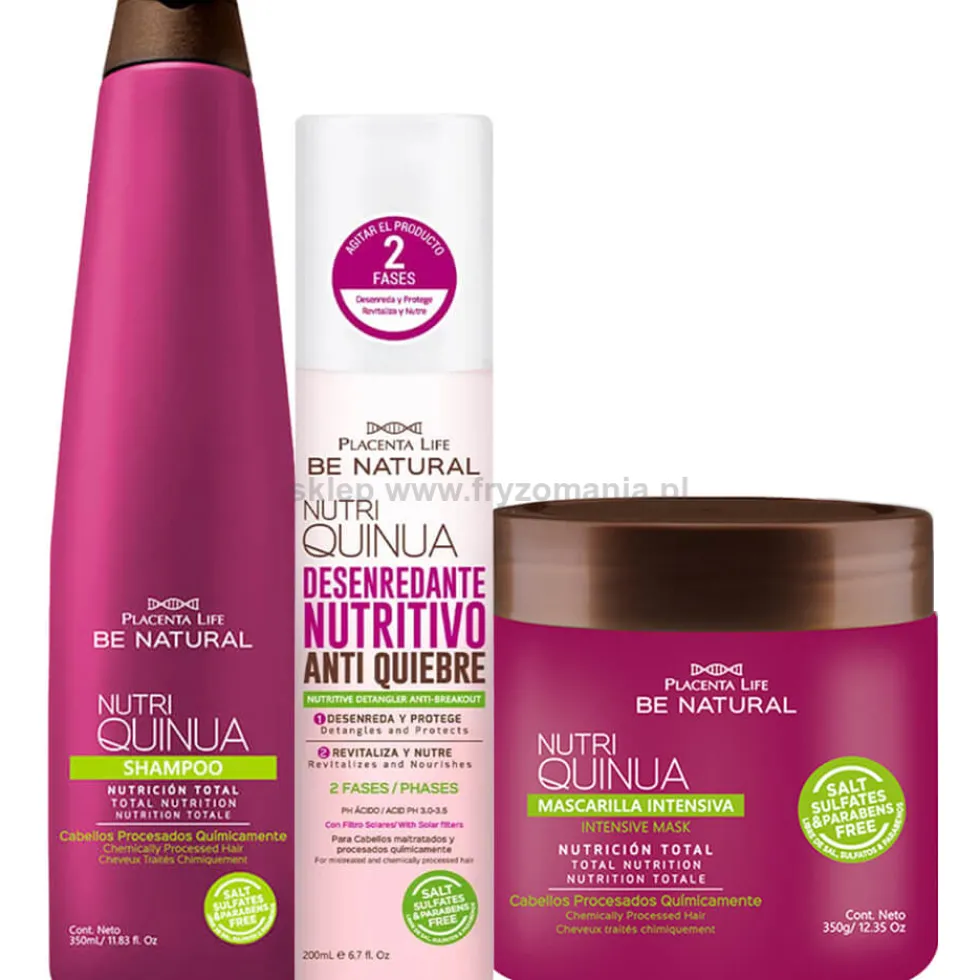 Placenta Life Nutri Quinua - zabieg proteinowy na włosy, mocno odbudowujący, szampon 350ml, maska 350g i odżywka dwufazowa 200ml