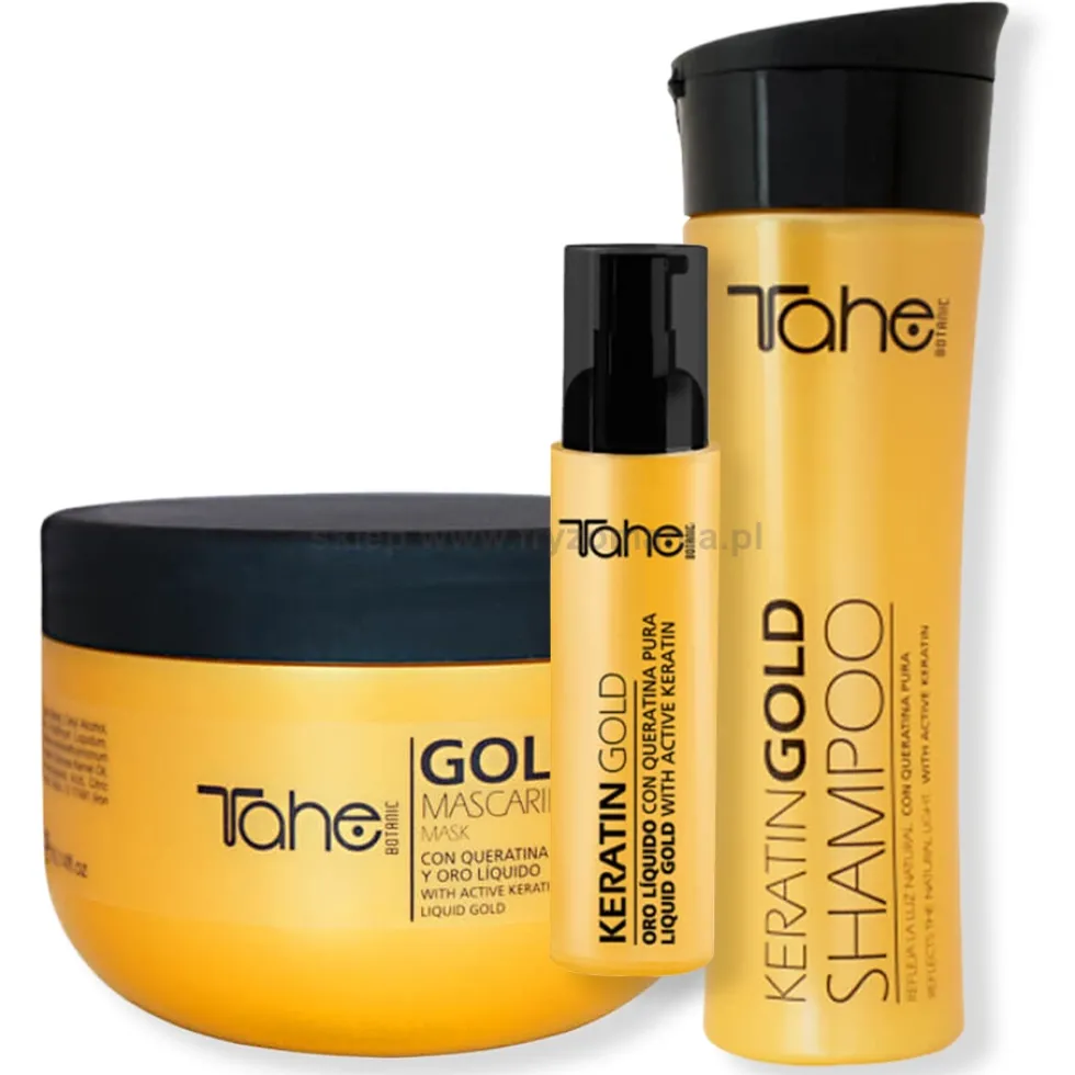 Tahe Keratin Gold zestaw do pielęgnacji włosów bardzo zniszczonych i suchych, szampon, maska, olejek