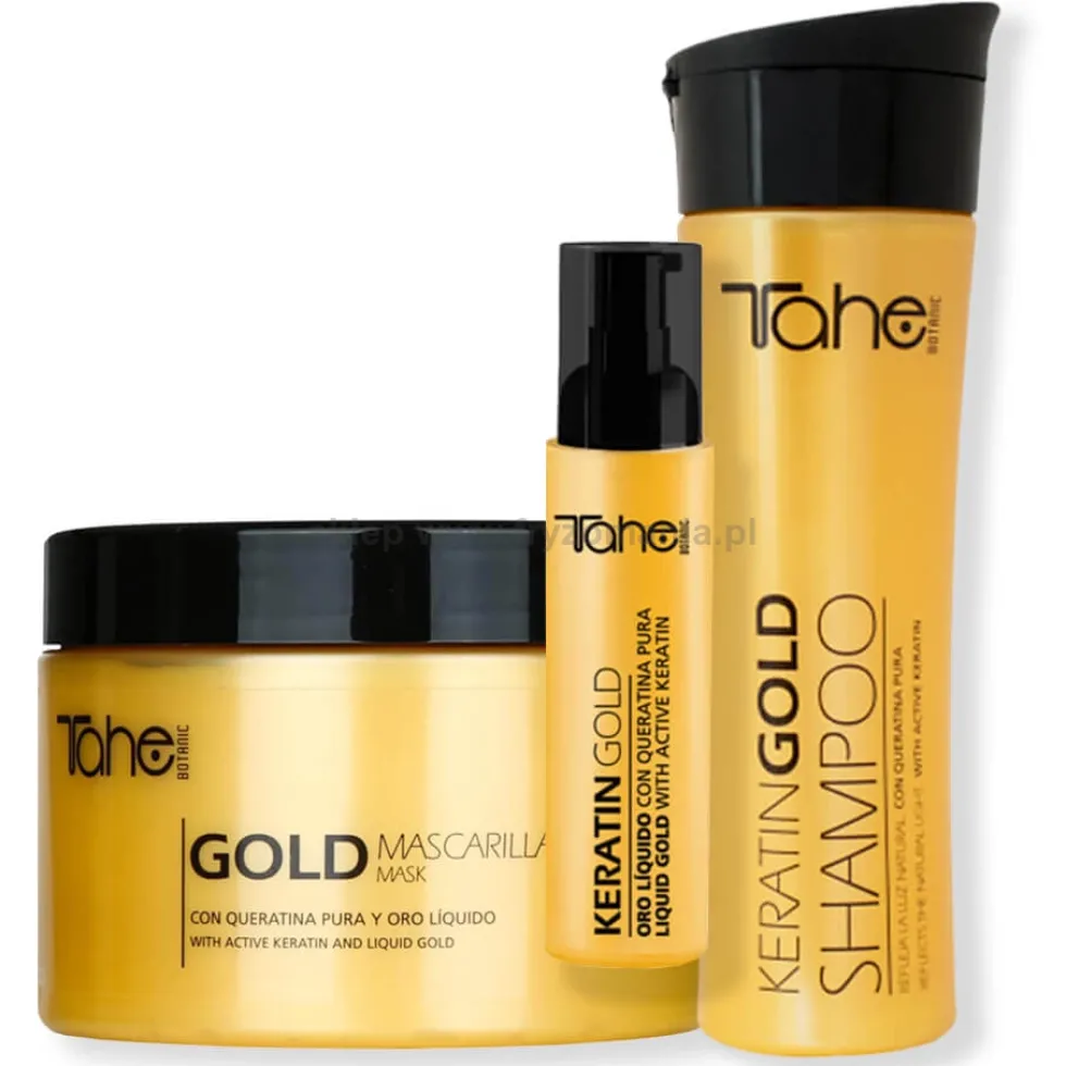 Tahe Keratin Gold zestaw do pielęgnacji włosów bardzo zniszczonych i suchych, szampon, maska, olejek